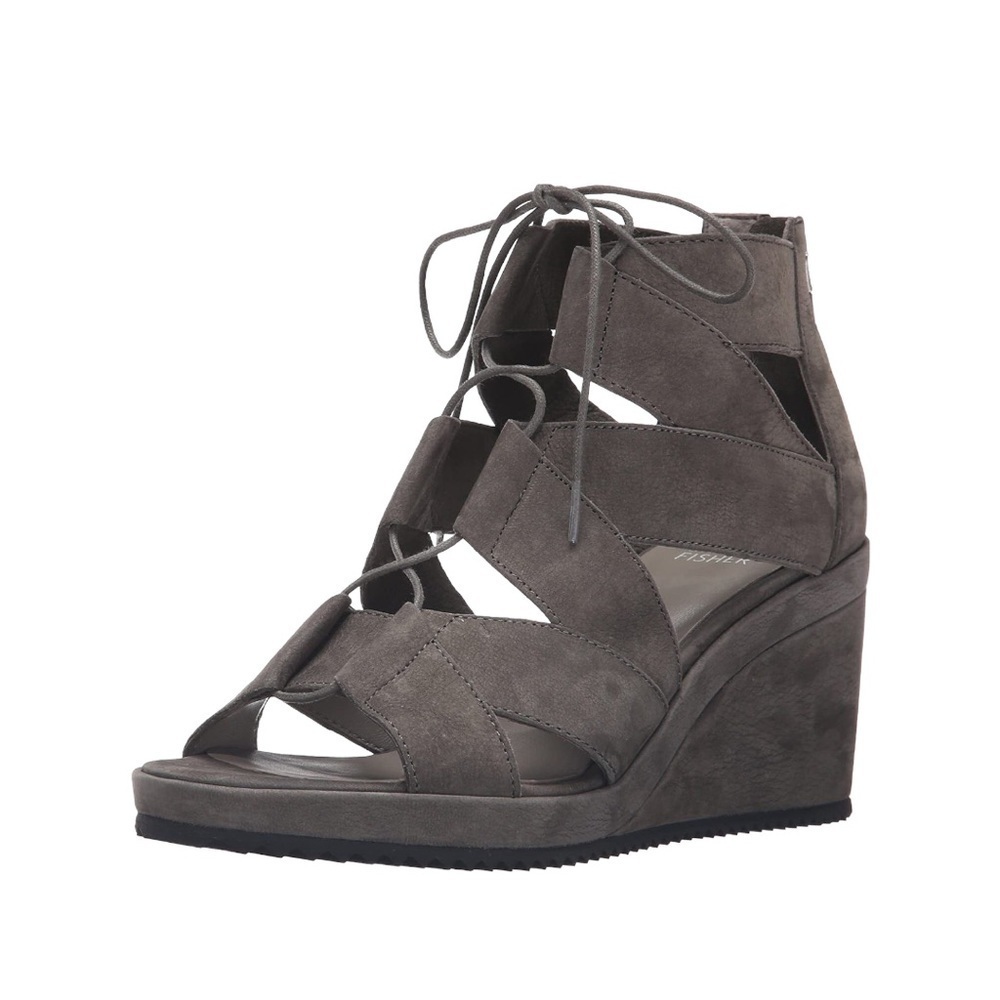 EILEEN FISHER DIBS GREY SUEDE LEATHER LACE-UP WEDGE SANDALS - Picture 1 of 9